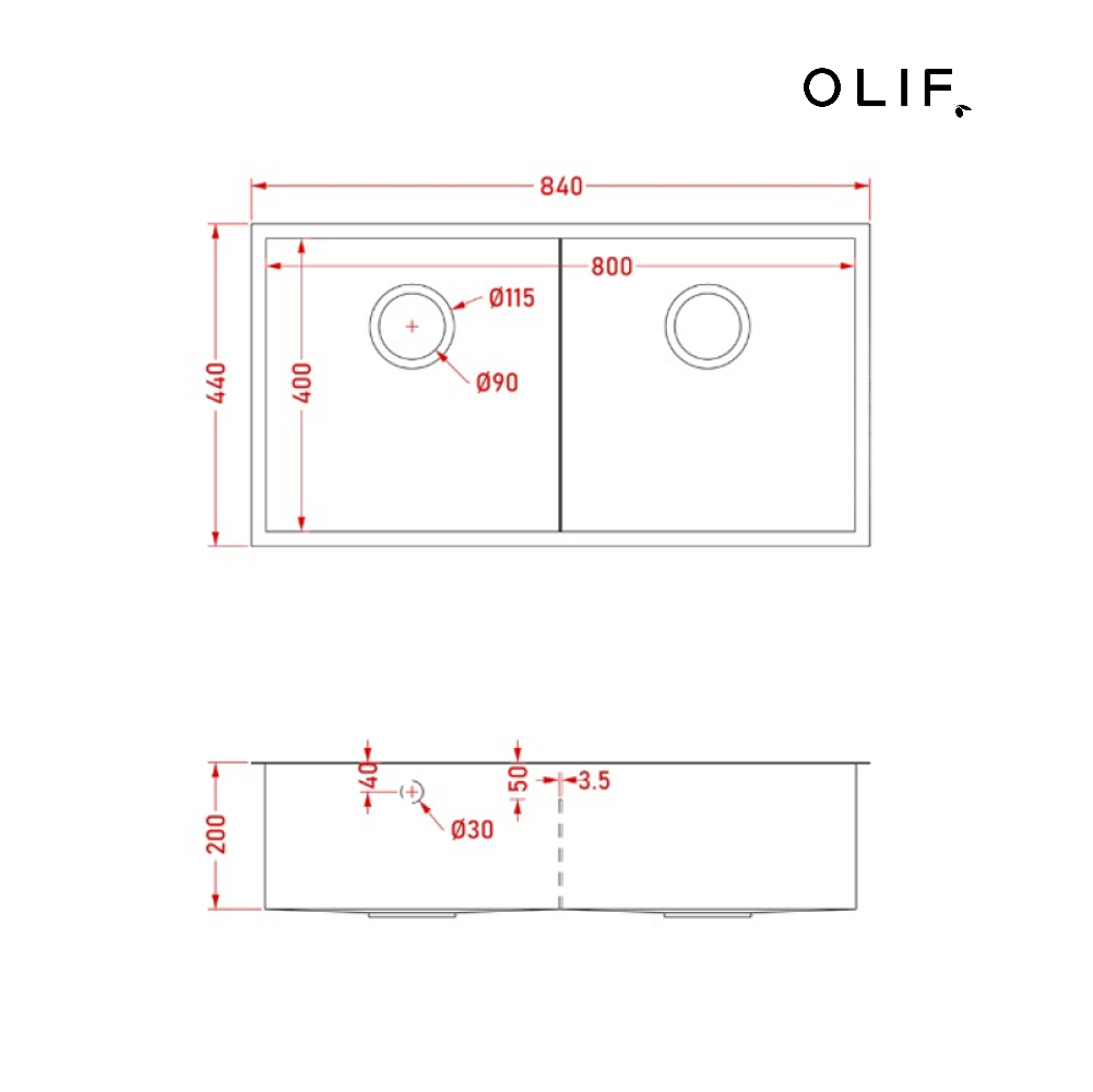 Olif Crudo 40+40 Patinated Brass kitchen sink, undermount or topmount